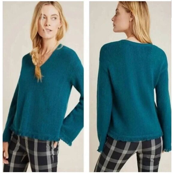 Anthropologie Joy fringed v neck teal sweater size small - Picture 1 of 8